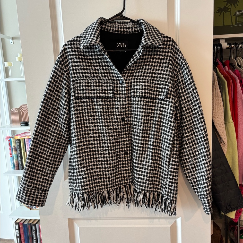 Zara Monochrome Houndstooth Jacket with Fringe